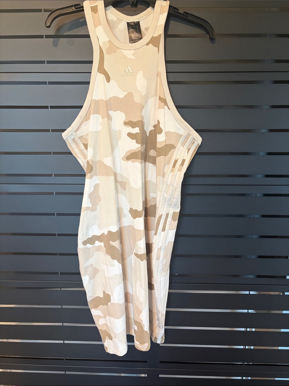 adidas Beige and Cream Camo 3‑Stripes Racerback Tank Dress - Picture 5 of 9